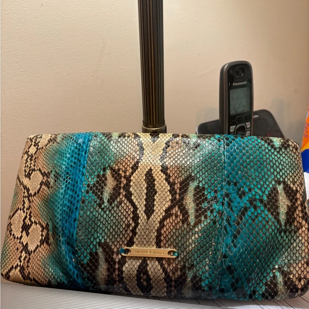 Michael Kors Teal and Natural Python-Print Chain Clutch - Picture 2 of 5